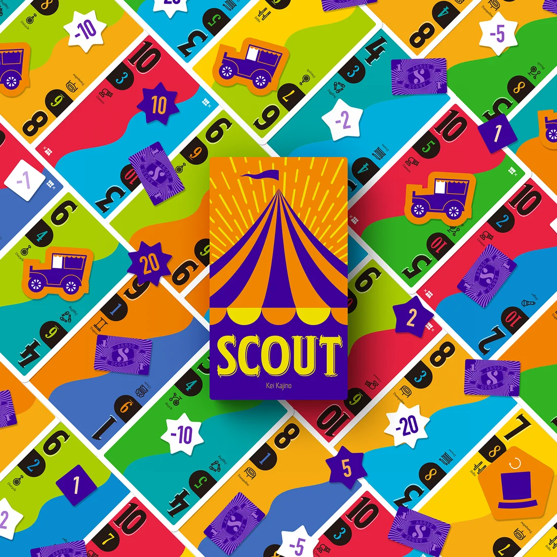 サーカス柄の箱・カード・チップのメーカー紹介写真。別アートワークのSCOUT!やデジタル版とは区別します。