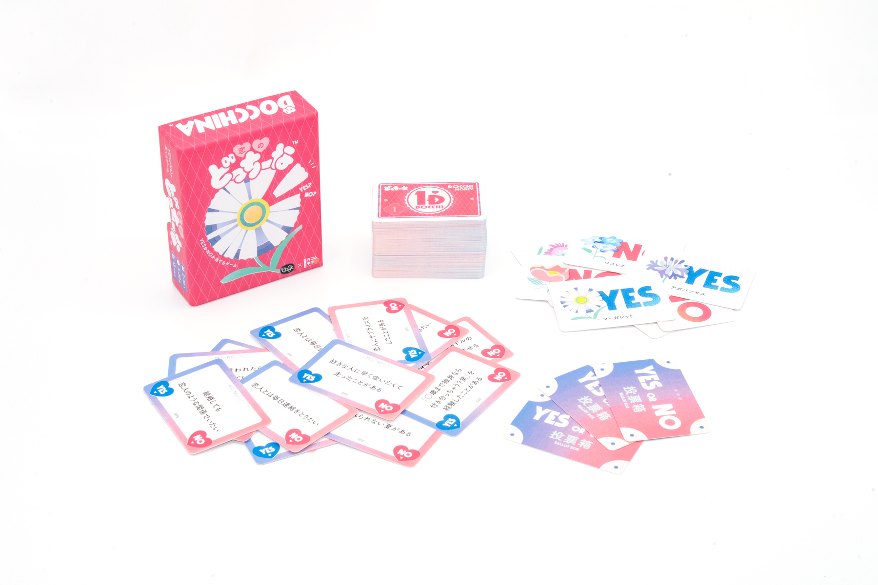 恋のどっちーなの箱と質問カード・投票箱カード・YES/NOカード。単体で遊べるセットです。