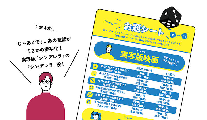 お題シートと配役の決め方を示した公式説明図。実写版映画とテレビのジャンルが見えます。